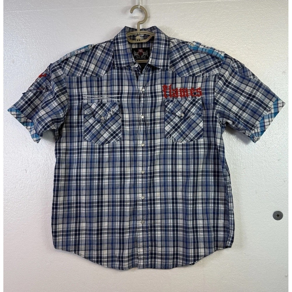 NR New Rich Mens Shirt Sz L Blue Plaid Embroidered Graphic Short Sleeve Rock